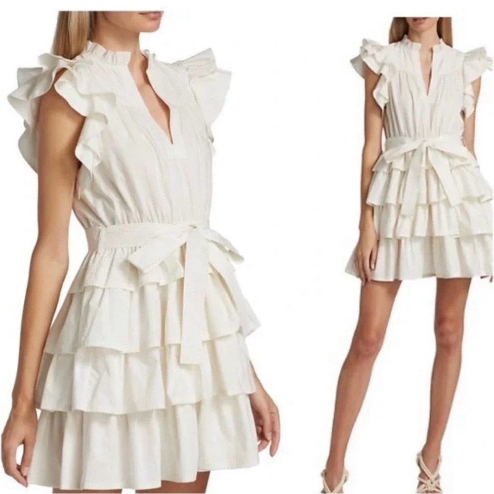 Ulla Johnson Cream Tiered Ruffle Mini Dress with Waist Tie